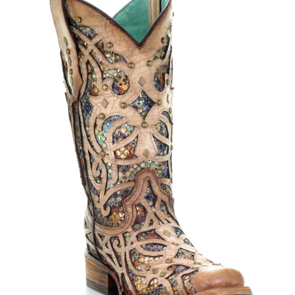 Corral Boots Womens Tooled-Inlay Studded Square Toe Casual Boots Mid Calf